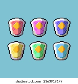 Pixel art sets of shield for defense with variation color item asset. simple bits of shield rpg game on pixelated style 8bits perfect for game asset or design asset element for your game design asset