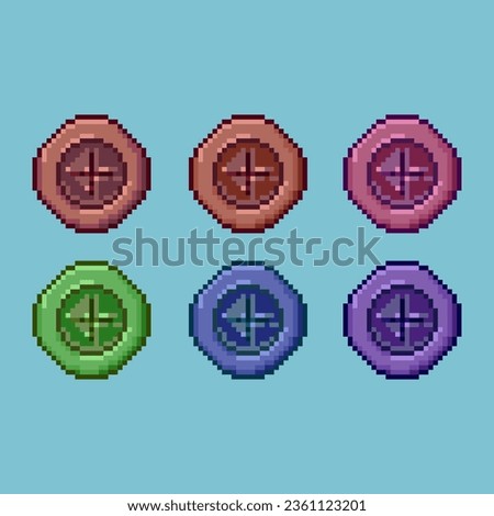 Pixel art sets of shield defense with variation color items asset. simple shield for dugeon items on pixelated style.8bits perfect for game asset or design asset element for your game design asset