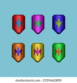 Pixel art sets of shield with variation color items asset. simple shield for dugeon items loot on pixelated style.8bits perfect for game asset or design asset element for your game design asset.