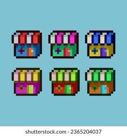 Conjuntos de arte de píxeles de icono de tienda con variación color de artículo activo simple bits de icono de tienda en estilo pixelado 8bits perfecto para activos de juego o elemento de diseño de activos para su activo de diseño de juego