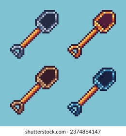 Pixelkunst-Sets von Schaufelwerkzeugen mit Variationsfarben-Objekt. Einfache Stücke von Bauernhofshootings auf pixeliertem Stil. 8bits perfekt für das Spiel-Objekt oder Design-Objekt für Ihr Spieldesign-Objekt.