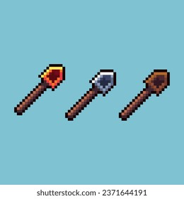 Pixel art sets of shovel with variation color item asset. Simple bits of shovel farm tools on pixelated style. 8bits perfect for game asset or design asset element for your game design asset