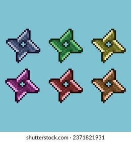 Pixel art sets of shuriken weapon with variation color item asset. Simple bits of shuriken ninja on pixelated style. 8bits perfect for game asset or design asset element for your game design asset
