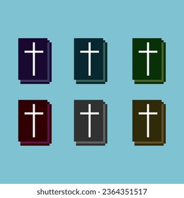 Pixel art sets of sign cross book with variation color item asset. simple bits of book religion on pixelated style 8bits perfect for game asset or design asset element for your game design asset