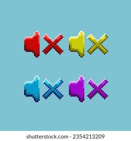Pixel art sets of silence speaker icon for items asset. red,yellow,blue,and purple mute speaker on pixelated style.8bits perfect for game asset or design asset element for your game design asset.