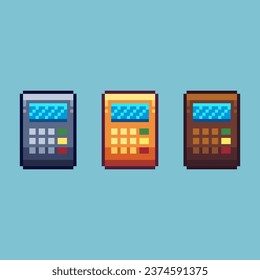 Pixel art sets of silver gold calculator with variation color item asset. Simple bits of calculator on pixelated style. 8bits perfect for game asset or design asset element for your game design asset.
