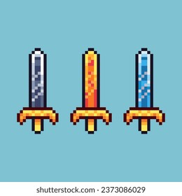 Pixel art sets of silver,gold,blue sword with variation color item asset. Simple bits of sword on pixelated style. 8bits perfect for game asset or design asset element for your game design asset.
