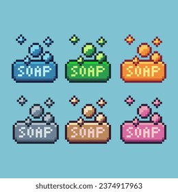 Pixel art sets of soap for taking bath with variation color item asset. Simple bits of soap on pixelated style. 8bits perfect for game asset or design asset element for your game design asset.