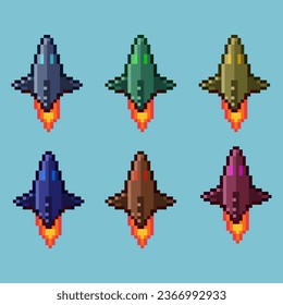 Pixel art sets of spaceship with variation color item asset simple bits of spaceship on pixelated style 8bits perfect for game asset or design asset element for your game design asset
