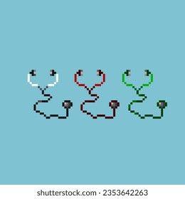 Pixel art sets of stethoscope for medicine health items. white,red,and green stethoscope on pixelated style.8bits perfect for game asset or design asset element for your game design asset.