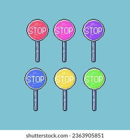 Pixel art sets of stop sign with variation color item asset. simple bits of street traffic stop sign on pixelated style 8bits perfect for game asset or design asset element for your game design asset