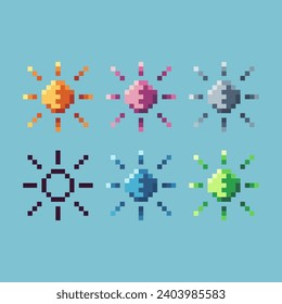 Pixel art sets of sun icon with variation color item asset. Sun icon on pixelated style. 8bits perfect for game asset or design asset element for your game design asset
