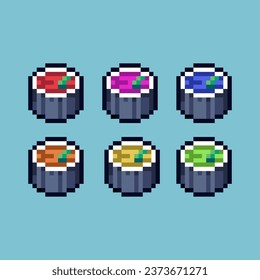 Pixel art sets of sushi food with variation color item asset. Simple bits of sushi on pixelated style. 8bits perfect for game asset or design asset element for your game design asset.