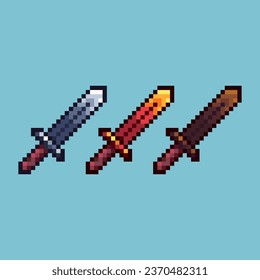 Pixelkunst-Sets von Schwertwaffen mit Variationsfarben-Objekt. Einfache Stücke Gold, silbernes Schwert auf pixeliertem Stil. 8 Bits, perfekt für das Spiel oder das Design-Objekt für Ihr Spieldesign-Objekt