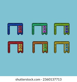 Pixel art sets of table with variation color items asset. simple table with many variation items on pixelated style.8bits perfect for game asset or design asset element for your game design asset.