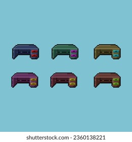 Pixel art sets of table with variation color items asset. simple table with many variation items on pixelated style.8bits perfect for game asset or design asset element for your game design asset.