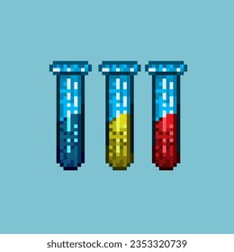 Pixel art sets of test tube for medicine health items. blue,yellow,and red liquid test tube on pixelated style.8bits perfect for game asset or design asset element for your game design asset.