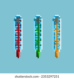 Pixel art sets of thermometer for medicine health items. red,green,and yellow liquid thermometer on pixelated style.8bits perfect for game asset or design asset element for your game design asset.