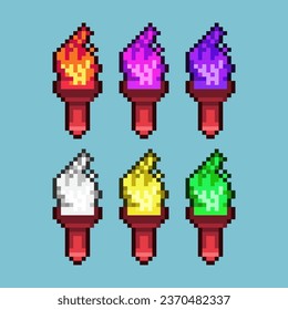 Pixel art sets of torch with variation color item asset. Simple bits of torch on pixelated style. 8bits perfect for game asset or design asset element for your game design asset