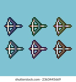 Pixel art sets of traditional bow with variation color item asset. simple bits of wooden bow rpg on pixelated style 8bits perfect for game asset or design asset element for your game design asset