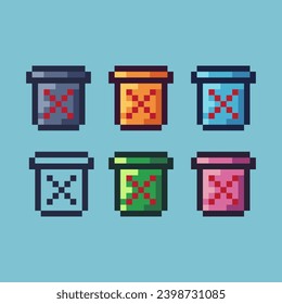 Pixel art sets of trash bin wrong icon with variation color item asset. Trash bin cross icon on pixelated style. 8bits perfect for game asset or design asset element for your game design asset