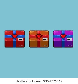 Pixel art sets of valentine's gift box items asset. Red,orange,and purple valentine's gift box on pixelated style.8bits perfect for game asset or design asset element for your game design asset.