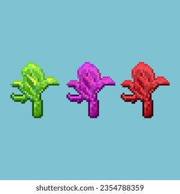 Pixel art sets of vegetables collard with variation color items asset. Green,purple,and red collard on pixelated style.8bits perfect for game asset or design asset element for your game design asset.