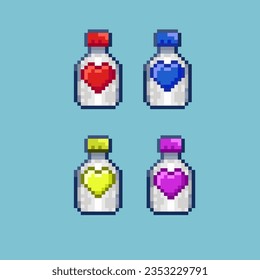 Pixel art sets of vitamin heart for medicine health items. red,blue,yellow,and purple liquid vitamin on pixelated style.8bits perfect for game asset or design asset element for your game design asset.