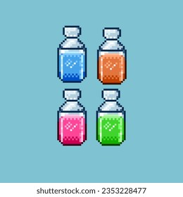 Equipo de arte de píxeles de vitamina para medicamentos y artículos de salud. vitamina líquida azul, naranja, rosa y verde en estilo pixelado.8bits perfectos para activos de juego o elementos de diseño para su activo de diseño de juegos.