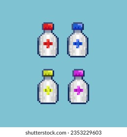 Pixel art sets of vitamin for medicine health items. red,blue,yellow,and purple liquid vitamin on pixelated style.8bits perfect for game asset or design asset element for your game design asset.