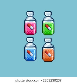 Pixel art sets of vitamin for medicine health items. pink,green,blue,and orange liquid vitamin on pixelated style.8bits perfect for game asset or design asset element for your game design asset.