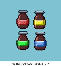 Pixel art sets of vitamin for medicine health items. red,yellow,green,and blue liquid vitamin on pixelated style.8bits perfect for game asset or design asset element for your game design asset.