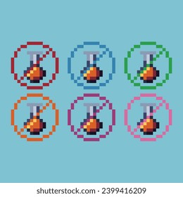 Pixel art sets of warning potion icon with variation color item asset. dangerous potion icon on pixelated style. 8bits perfect for game asset or design asset element for your game design asset