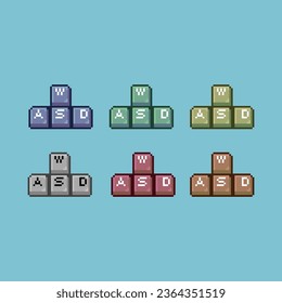 Pixel art sets of wasd keyboard with variation color item asset. simple bits of wasd key on pixelated style 8bits perfect for game asset or design asset element for your game design asset