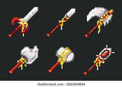 Pixel art sets of weapon for dugeon items. Red weapon with gold accessory on pixelated style.8bits perfect for game asset or design asset element for your game design asset.