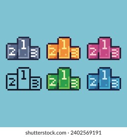 Juego de imágenes de píxeles del icono del podio ganador con activo de elemento de color de variación. Icono del ganador del podio en estilo pixelado. 8 bits perfectos para activos de juego o elementos de activos de diseño para su activo de diseño de juegos