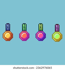 Pixel art sets of winning badge with variation color items asset. simple bits of badge trophy on pixelated style.8bits perfect for game asset or design asset element for your game design asset