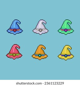Pixel art sets of witch hat with variation color items asset. simple witch hat for dugeon items on pixelated style.8bits perfect for game asset or design asset element for your game design asset