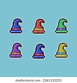 Pixel art sets of witch hat halloween with variation color items asset. simple witch hat magic items on pixelated style.8bits perfect for game asset or design asset element for your game design asset