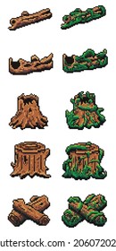 Arte de píxeles de madera y madera de arbusto verde para activos de píxeles