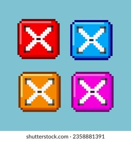 Pixel art sets of x cross button with variation color items asset. red,blue,orange,and purple button on pixelated style.8bits perfect for game asset or design asset element for your game design asset.