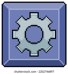 Pixel art settings button with gear vector icon for 8bit game on white background