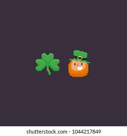 Pixel art art shamrock and leprechaun with red beard in green cylinder
