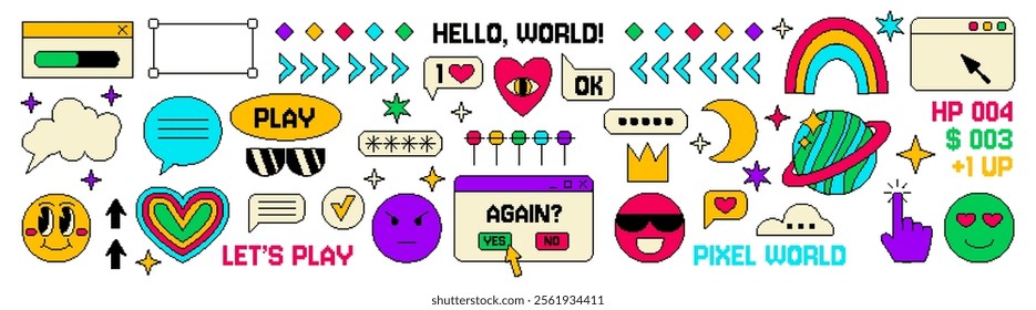 Pixel art shape. 2000s icon. Youth anime label. Old kawaii emoji. Abstract bit figures. Vintage design. Mosaic pop culture graphic. 90s simple form. Funny message bubble. Vector garish Y2K symbols set