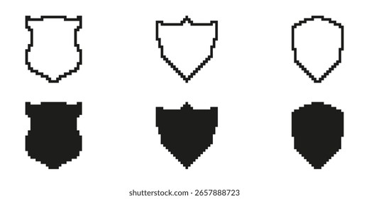 Pixel Art Shield Icon Set. Security And Protection Symbol Collection. Various Shield Designs In Pixelated Style. Isolated Vector Illustration.