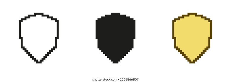 Conjunto de Ícones Pixel Art Shield. Símbolo Pixelizado de Proteção, Segurança e Proteção. Ilustração de vetor isolada.
