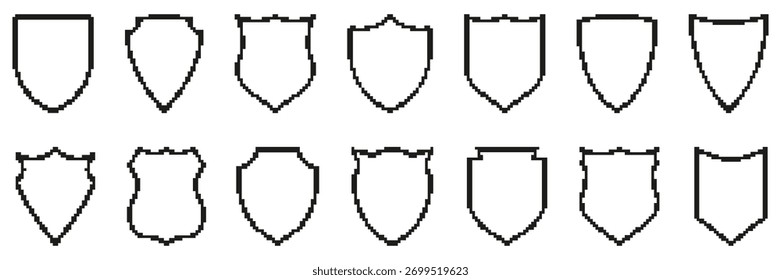 Conjunto de Ícones Pixel Art Shield. Heráldica Medieval E Coleção De Símbolos De Proteção. Vários Projetos De Escudo Para Temas De Segurança E Defesa. Ilustração de vetor isolada.