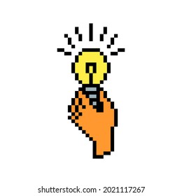 Pixel art shining light bulb in a hand symbol isolated on white background. 8 bit lamp icon. Old school vintage retro 80s, 90s 2d computer, video game, slot machine graphics. Creative idea concept.