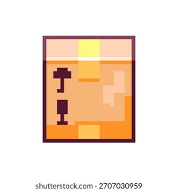 Pixel Art Versand Paket Symbol. Retro 8bit Pappe Box Sprite mit Band und zerbrechliche Symbole für Lieferung Spiel UI.
