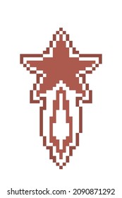Pixel art shooting star, gingerbread cookie decorated with white sugar icing, 8 bit food icon isolated on white background. Frosted chocolate biscuit. Christmas dessert. Winter holiday pastry.